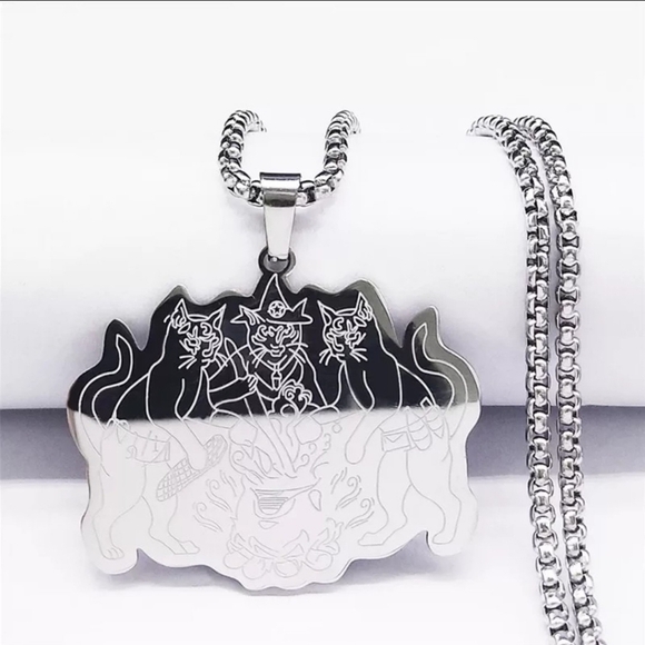 Witch Cats Cauldron Necklace – Stainless Steel Goth Herbal Pendant | Unisex 23½" - Picture 1 of 7